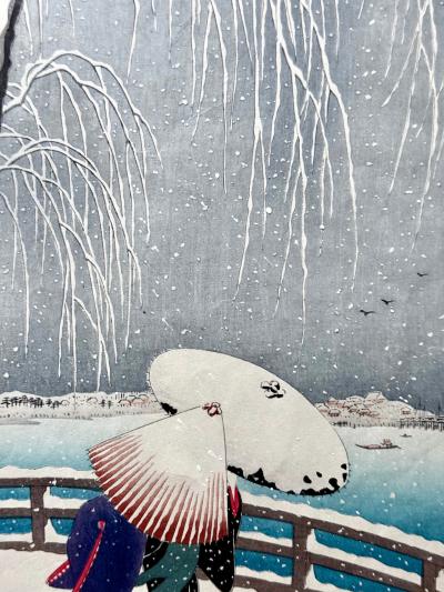 Ohara Shoson Japanese Woodblock Print Snow on Willow Bridge by Ohara Shoson