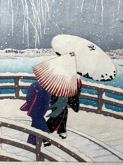Ohara Shoson Japanese Woodblock Print Snow on Willow Bridge by Ohara Shoson
