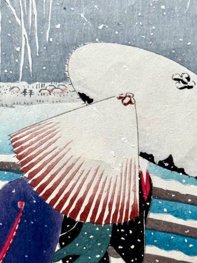 Ohara Shoson Japanese Woodblock Print Snow on Willow Bridge by Ohara Shoson