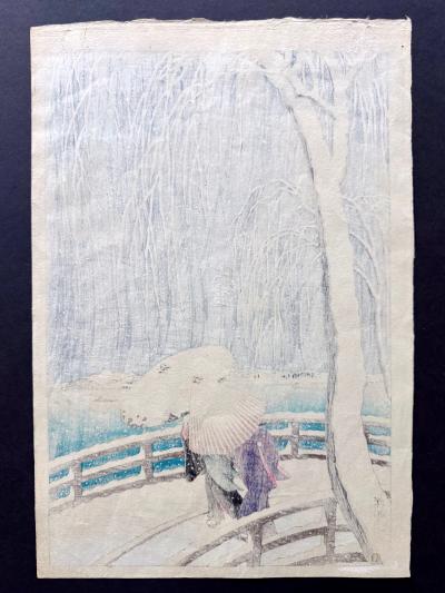 Ohara Shoson Japanese Woodblock Print Snow on Willow Bridge by Ohara Shoson