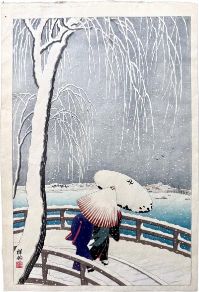 Ohara Shoson Japanese Woodblock Print Snow on Willow Bridge by Ohara Shoson