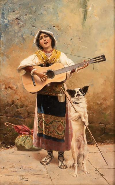 Oil On Board Of A Woman Playing Guitar Signed By Jos Echena Spain 1845 1909 