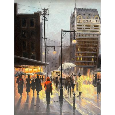 Oil Painting Facsimile by G Harvey of Texas Street Scene Dallas Remembered