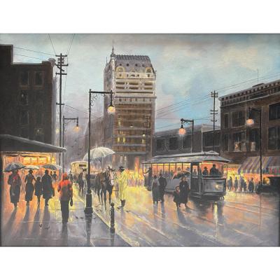 Oil Painting Facsimile by G Harvey of Texas Street Scene Dallas Remembered