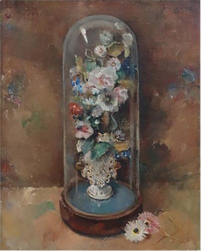Oil Painting on Masonite Still Life with Flowers Signed and Dated 1938