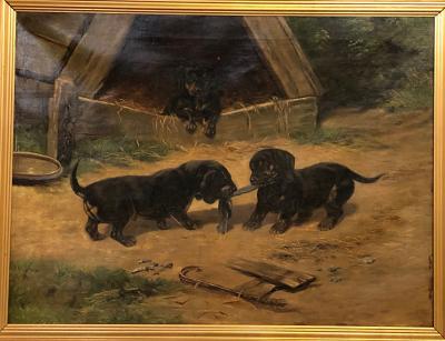 Oil on Canvas Dachshund Puppies at Play by Simon Ludvig Ditlev Simonsen
