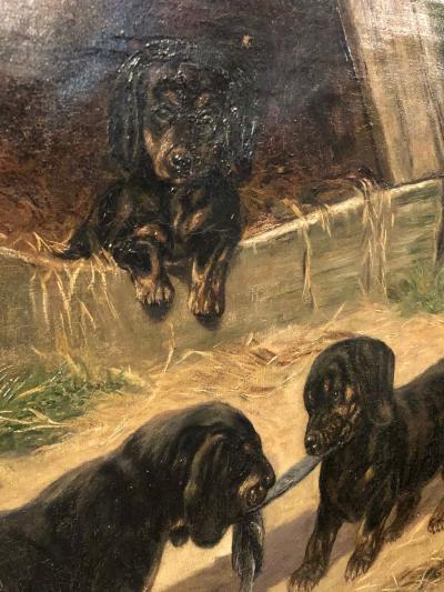 Oil on Canvas Dachshund Puppies at Play by Simon Ludvig Ditlev Simonsen