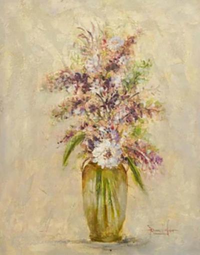 Oil on Canvas Still Life Painting of Flowers and Lavender Framed and Signed