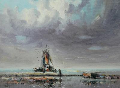 Oil on canvas Laszlo Ritter Hungary 1937 2003 3 beach scene paintings