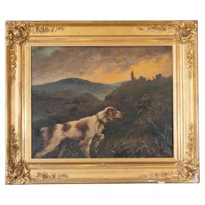 Oil on canvas Pointing Dog in a Landscape French School 19th century