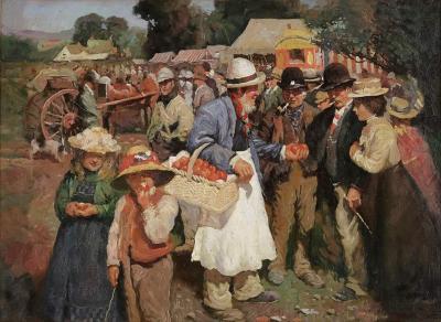 Oil painting of a Whitsuntide fair after Munnings