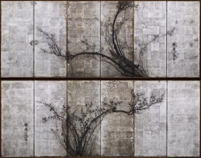 Okada Yosai Japanese Screen Pair Red and White Plum Blossoms on Silver Leaf