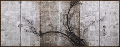 Okada Yosai Japanese Screen Pair Red and White Plum Blossoms on Silver Leaf