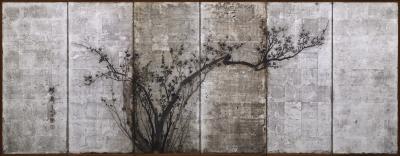 Okada Yosai Japanese Screen Pair Red and White Plum Blossoms on Silver Leaf