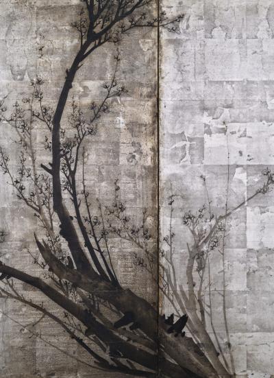 Okada Yosai Japanese Screen Pair Red and White Plum Blossoms on Silver Leaf