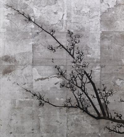 Okada Yosai Japanese Screen Pair Red and White Plum Blossoms on Silver Leaf