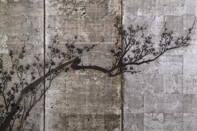 Okada Yosai Japanese Screen Pair Red and White Plum Blossoms on Silver Leaf