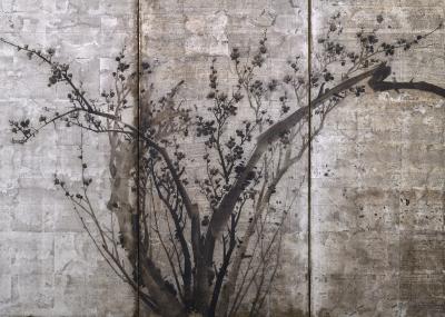 Okada Yosai Japanese Screen Pair Red and White Plum Blossoms on Silver Leaf