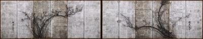 Okada Yosai Japanese Screen Pair Red and White Plum Blossoms on Silver Leaf