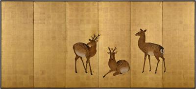 Okamoto Toyohiko 19th Century Japanese Deer Screen by Okamoto Toyohiko Maruyama Shijo School
