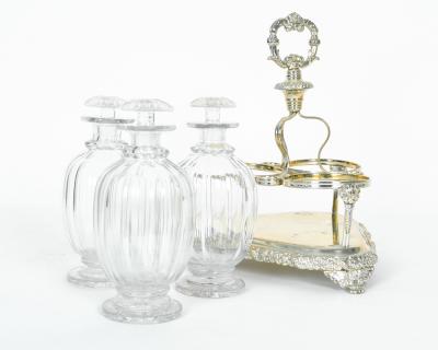 Old English Sheffield Silver Plated Three Cut Crystal Decanter Set