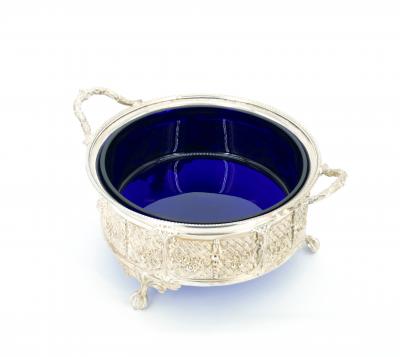 Old English Silver Plate Cobalt Glass Interior Serving Comport Disk