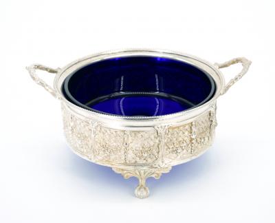 Old English Silver Plate Cobalt Glass Interior Serving Comport Disk