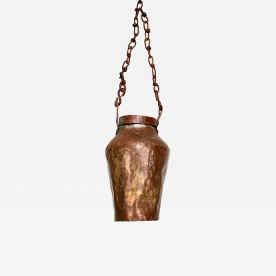Old French Hanging Pot Vase Planter in Hammered Copper Brass Heavy Chain