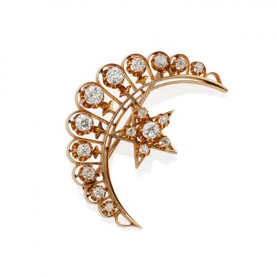 Old Mine cut Diamond Star and Crescent New Moon Brooch