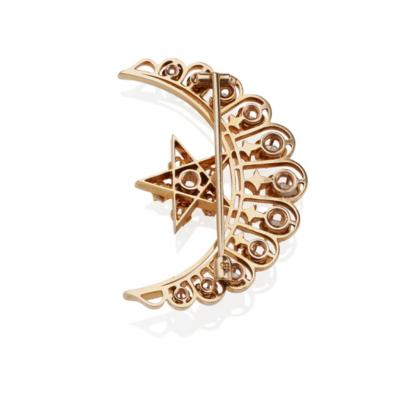 Old Mine cut Diamond Star and Crescent New Moon Brooch