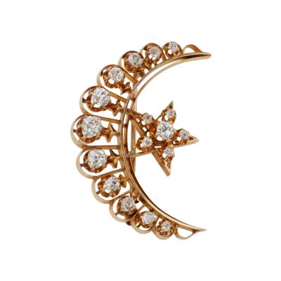 Old Mine cut Diamond Star and Crescent New Moon Brooch