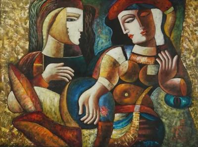 Oleg Zhivetin Manner Of Oleg Zhivetin Cubist Oil Painting Signed
