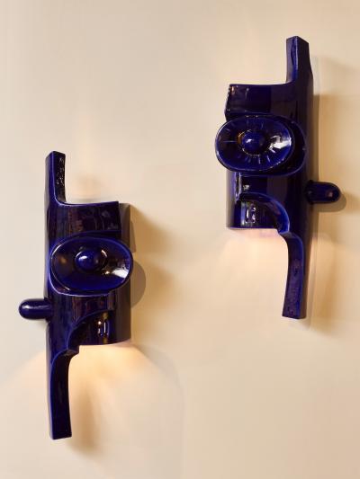 Olivia Cognet Pair of Sculptural Cobalt Blue Glazed Ceramic Wall Sconces by Olivia Cognet