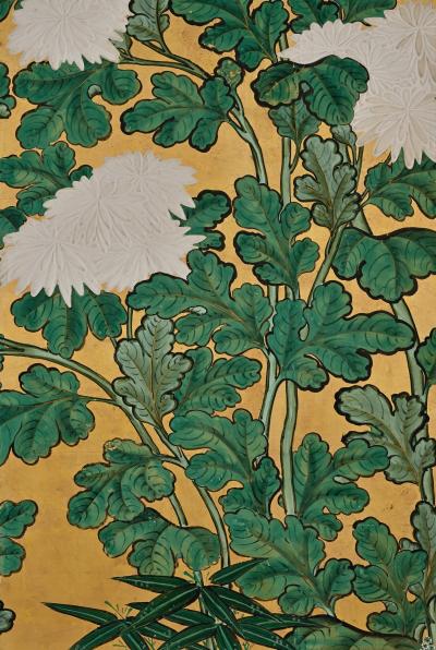 Omori Soun 18th Century Japanese Screen Pair One Hundred Flowers Chrysanthemums
