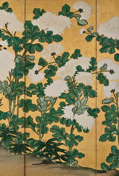 Omori Soun 18th Century Japanese Screen Pair One Hundred Flowers Chrysanthemums