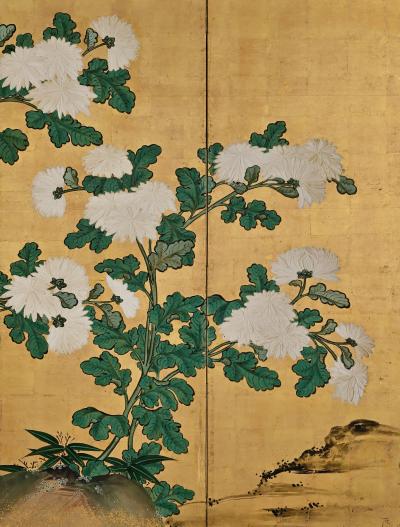Omori Soun 18th Century Japanese Screen Pair One Hundred Flowers Chrysanthemums