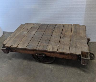 One Antique Wood Iron Industrial Rolling Cart