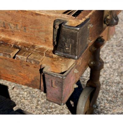 One Antique Wood Iron Industrial Rolling Cart