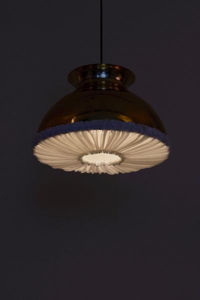 One of Eight Huge Brass Pendant Lamps with Fabric
