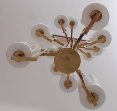 One of Two Extraordinary Huge Brass and Iridescent Glass Chandeliers