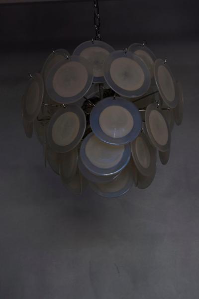 One of Two White Iridescent Murano Glass Disc Chandelier Attributed to Vistosi