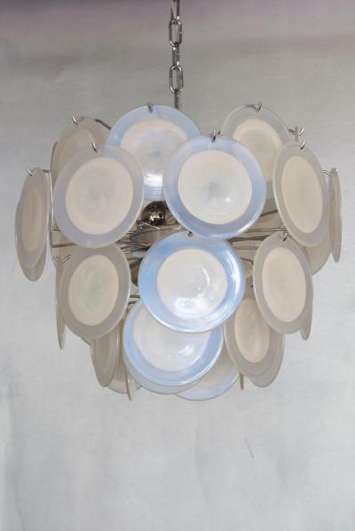 One of Two White Iridescent Murano Glass Disc Chandelier Attributed to Vistosi