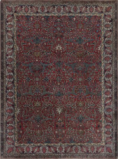 One of a Kind Antique Persian Tehran Botanic Red Blue Handmade Wool Rug