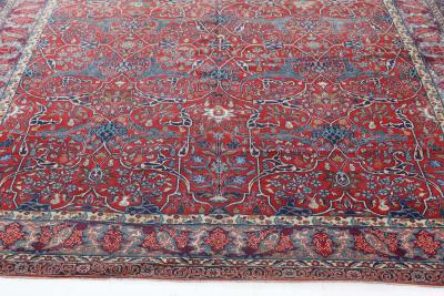One of a Kind Antique Persian Tehran Botanic Red Blue Handmade Wool Rug