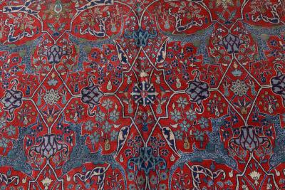 One of a Kind Antique Persian Tehran Botanic Red Blue Handmade Wool Rug