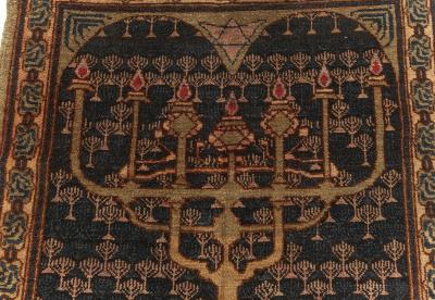 One of a kind Antique Bezalel Rug in Beige Blue and Gold