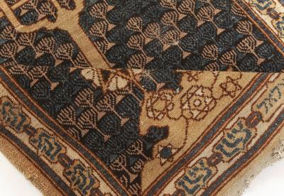 One of a kind Antique Bezalel Rug in Beige Blue and Gold