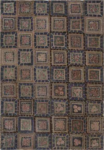 One of a kind Vintage Botanic Pink Purple Hooked Rug