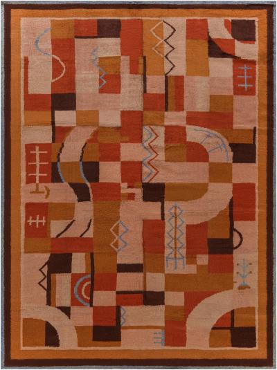 One of a kind Vintage French Art Deco Rug inBeige Blue Brown Orange
