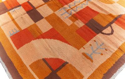 One of a kind Vintage French Art Deco Rug inBeige Blue Brown Orange